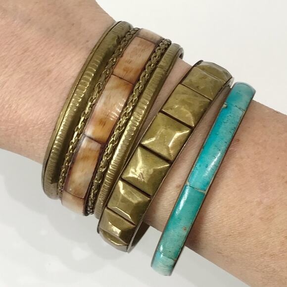 Vintage Brass Hand Crafted Mother of Pearl Inlay Bangles Bracelet Set Lot of 3 - Picture 2 of 16